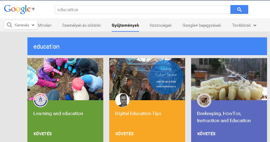 6. ábra: A Google Plus gyűjteményei oktatás  <Education> témakörben
