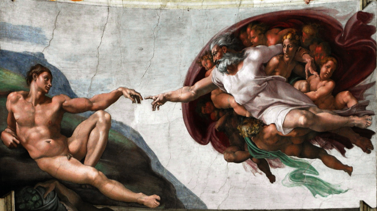 8. ábra: Michelangelo: Ádám teremtése. Sixtus-kápolna mennyezetfreskó Michelangelo (1512)