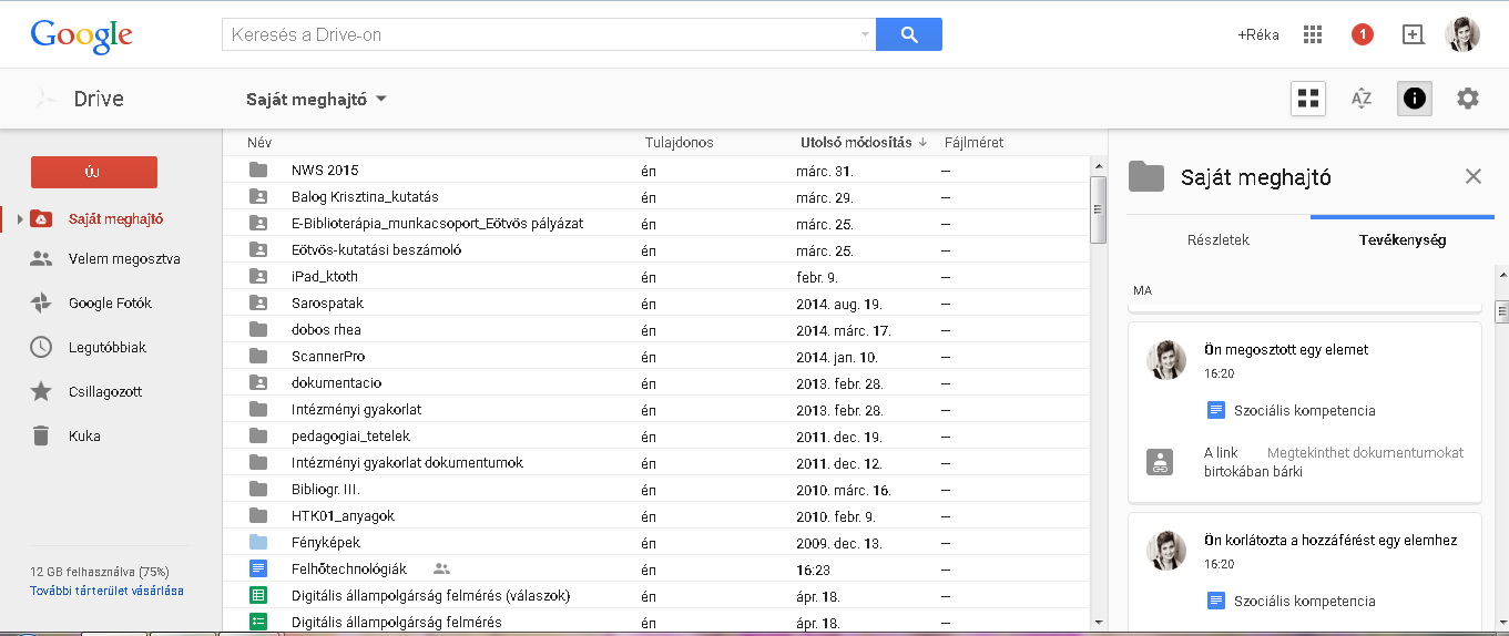 14. ábra: Google Drive dokumentumlista "lista" nézetben